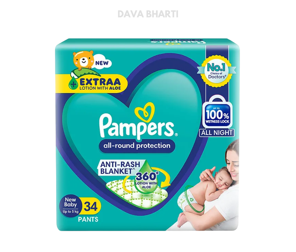 Pampers All round Protection Pants, New Born, Extra Small size baby diapers (NB/XS), Lotion with Aloe Vera - 34 Pieces